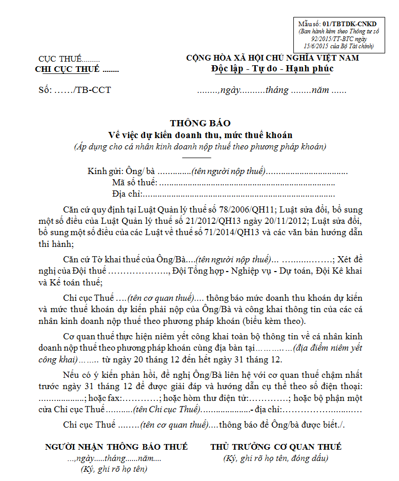 Mẫu thông báo 01/TBTDK-CNKD