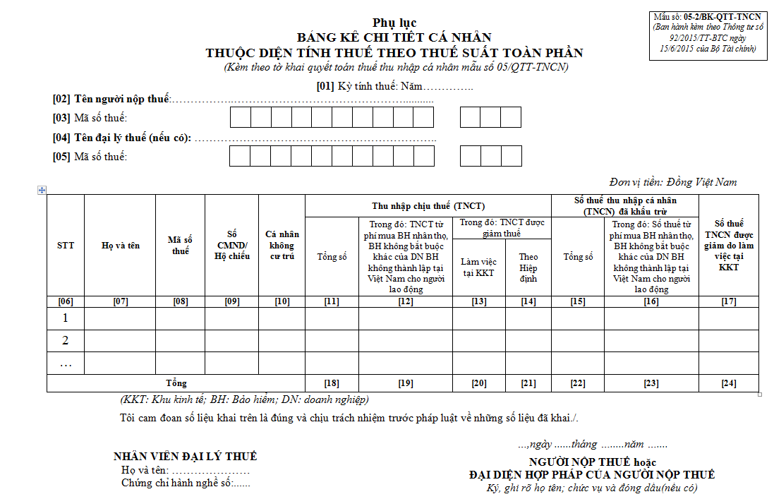 Mẫu bảng kê chi tiết cá nhân thuộc diện tính thuế theo thuế suất toàn phần 05-2/BK-QTT-TNCN