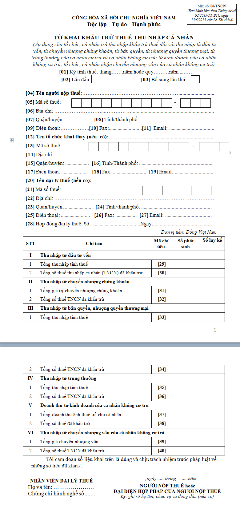 Mẫu tờ khai khấu trừ thuế thu nhập cá nhân mẫu số 06/TNCN