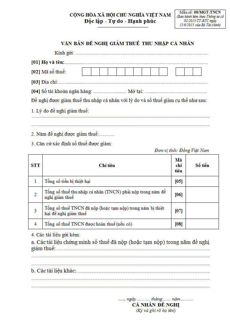 Mẫu văn bản đề nghị giảm thuế thu nhập cá nhân 08/MGT-TNCN