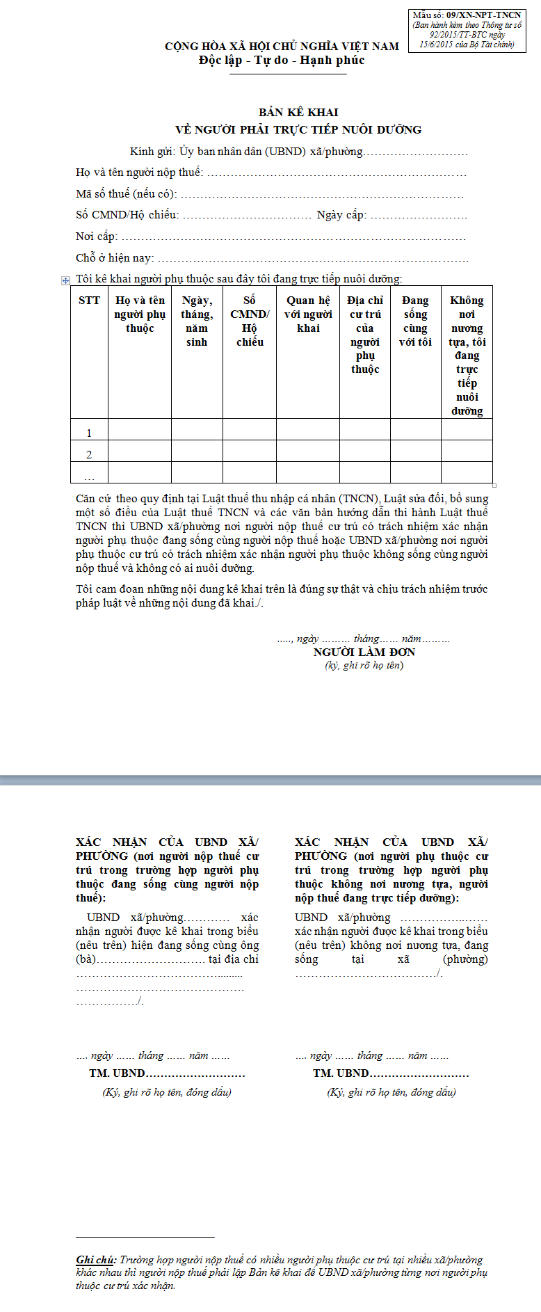 Mẫu bản kê khai về người phải trực tiếp nuôi dưỡng 09/XN-NPT-TNCN
