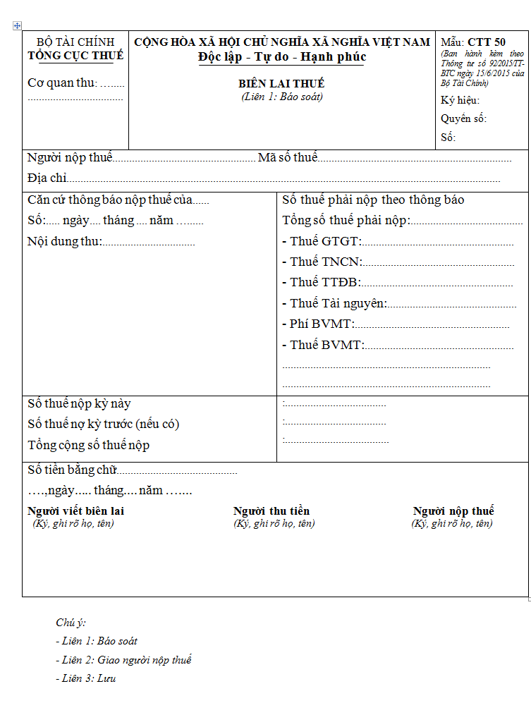 Mẫu biên lai thuế CTT 50