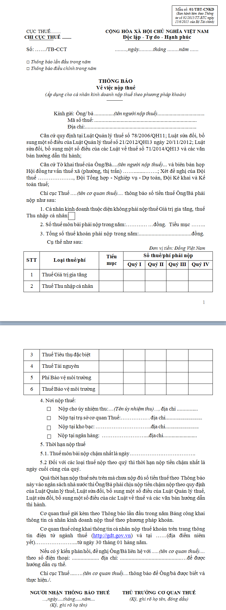 Mẫu thông báo về việc nộp thuế 01/TBT-CNKD