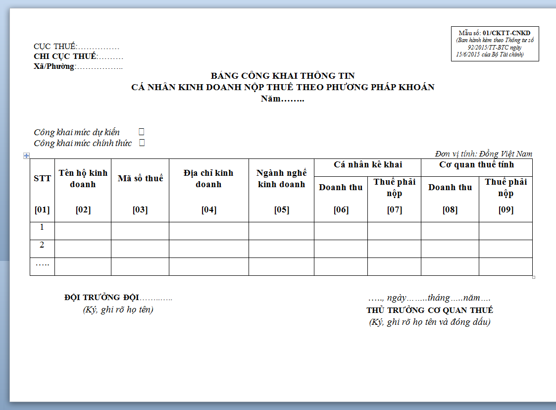Mẫu bảng công khai thông tin cá nhân kinh doanh nộp thuế theo phương pháp khoán 01/CKTT-CNKD