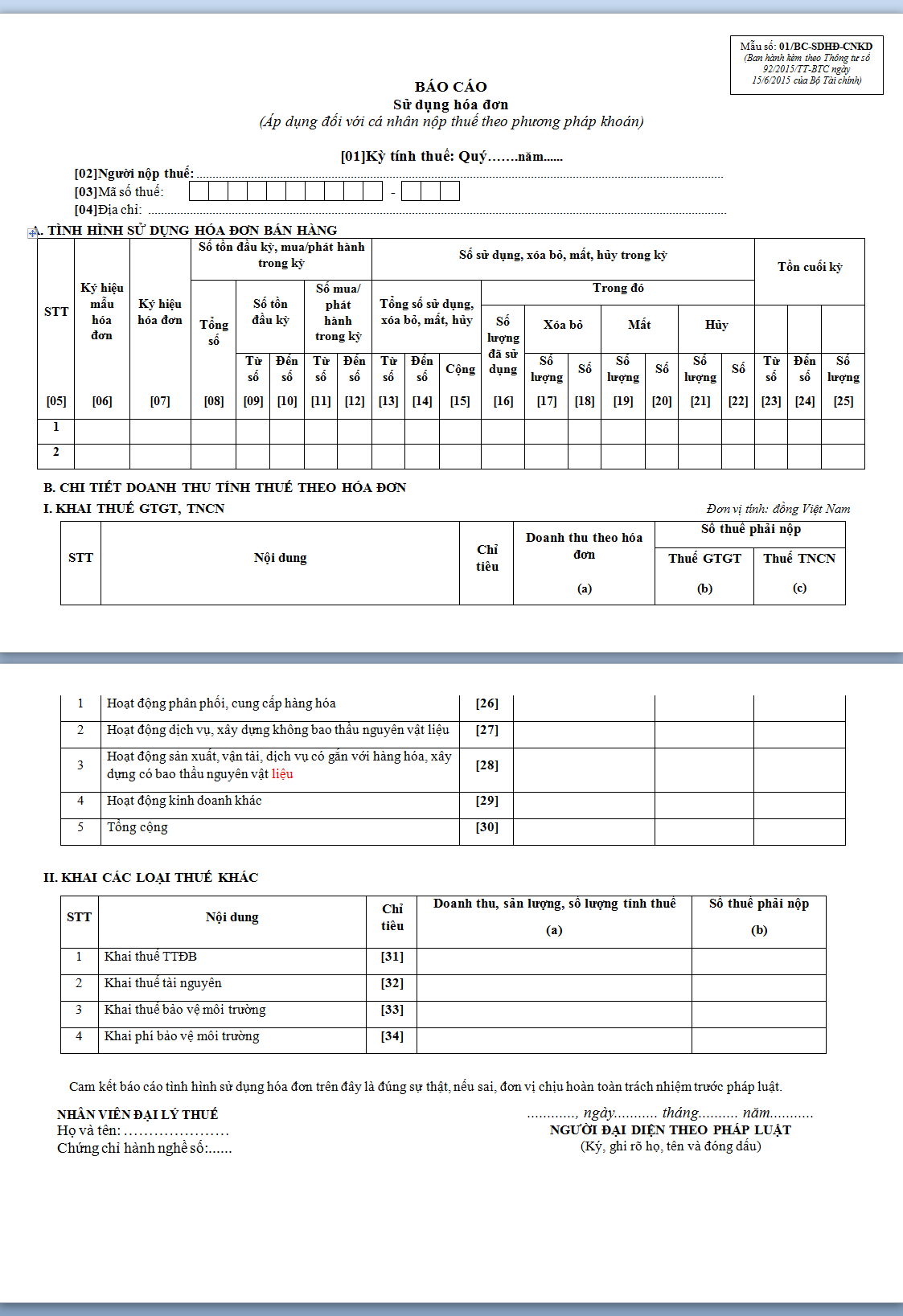 Mẫu báo cáo tình hình sử dụng hóa đơn bán hàng số 01/BC-SDHĐ-CNKD
