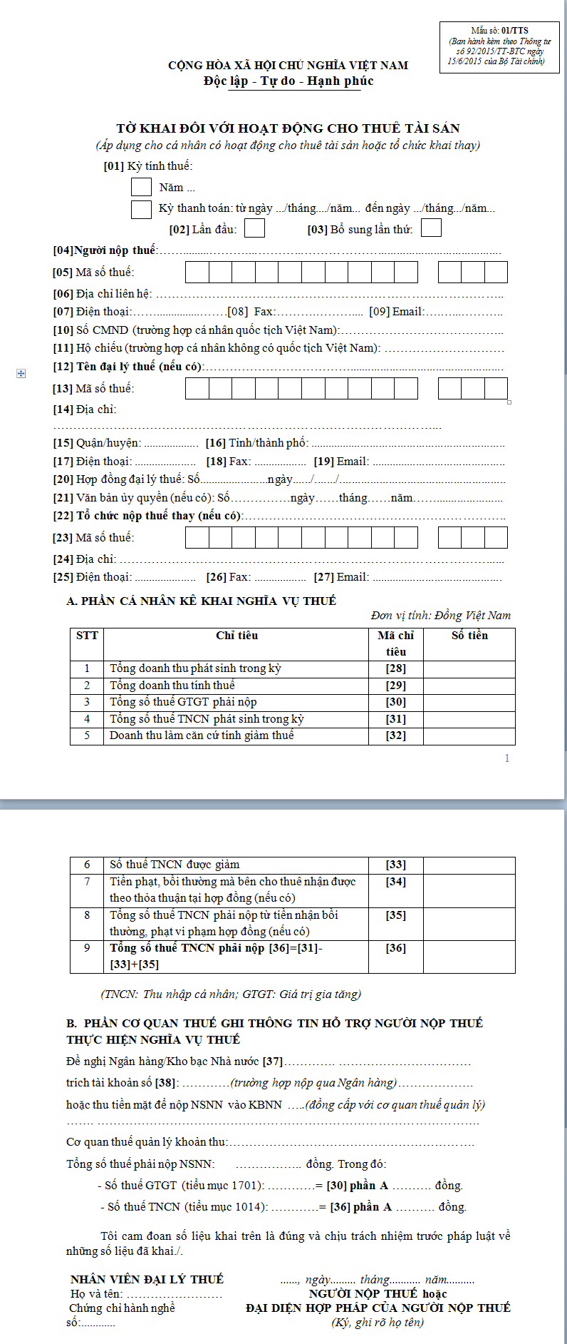 Mẫu tờ khai cá nhân cho thuê tài sản mẫu số 01/TTS