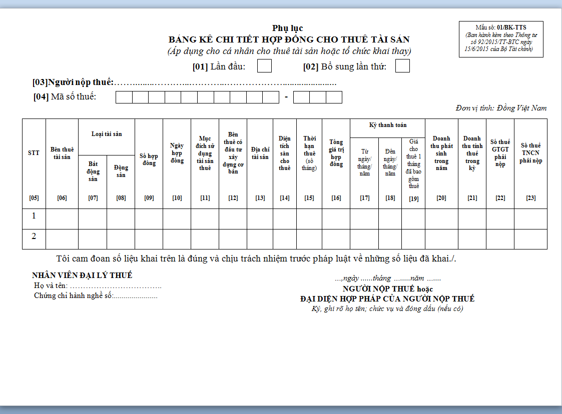 Mẫu bảng kê chi tiết hợp đồng cho thuê tài sản số 01-1/BK-TTS