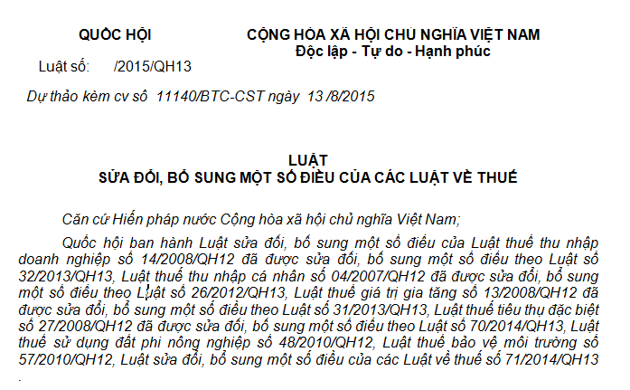 Dự thảo Luật sửa đổi bổ sung một số điều của các luật về thuế
