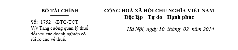 Công văn 1752BTC-TCT quản lý doanh nghiệp rủi ro cao về thuế