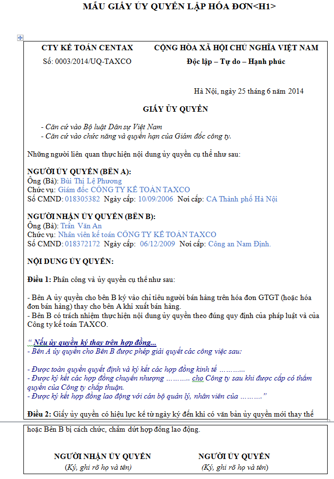 Mẫu giấy ủy quyền lập hóa đơn