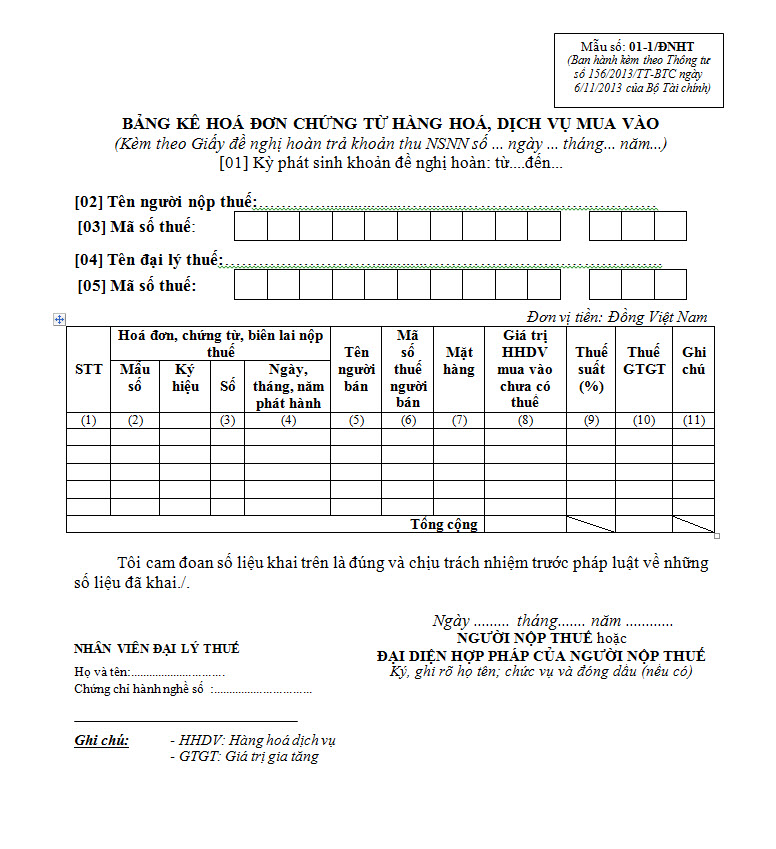 Mẫu số 01-1/ĐNHT Bảng kê chứng từ hàng hóa, dịch vụ mua vào