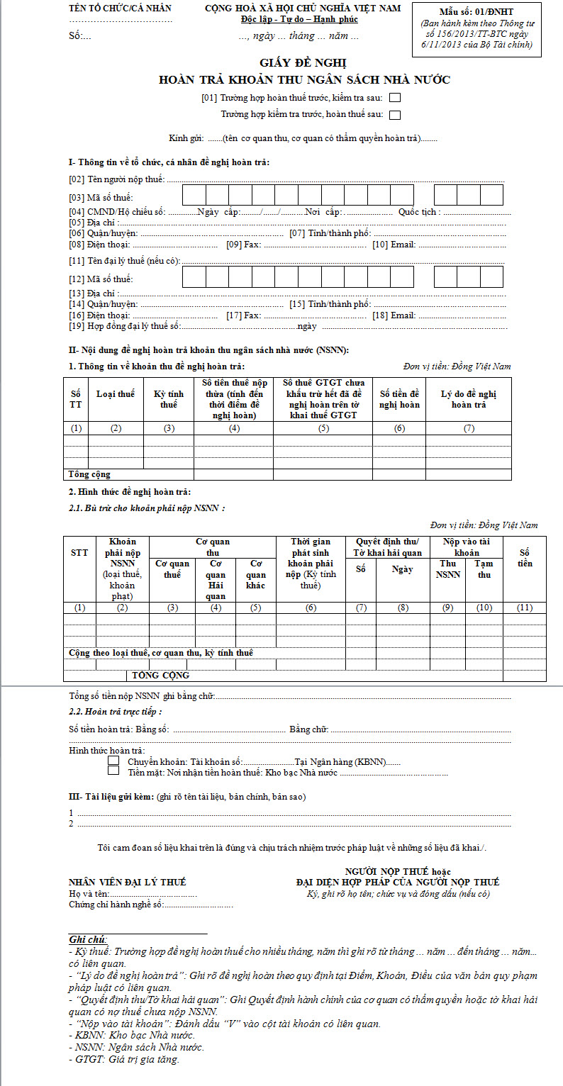 Mẫu 01-ĐNHT Mẫu đề nghị hoàn thuế GTGT