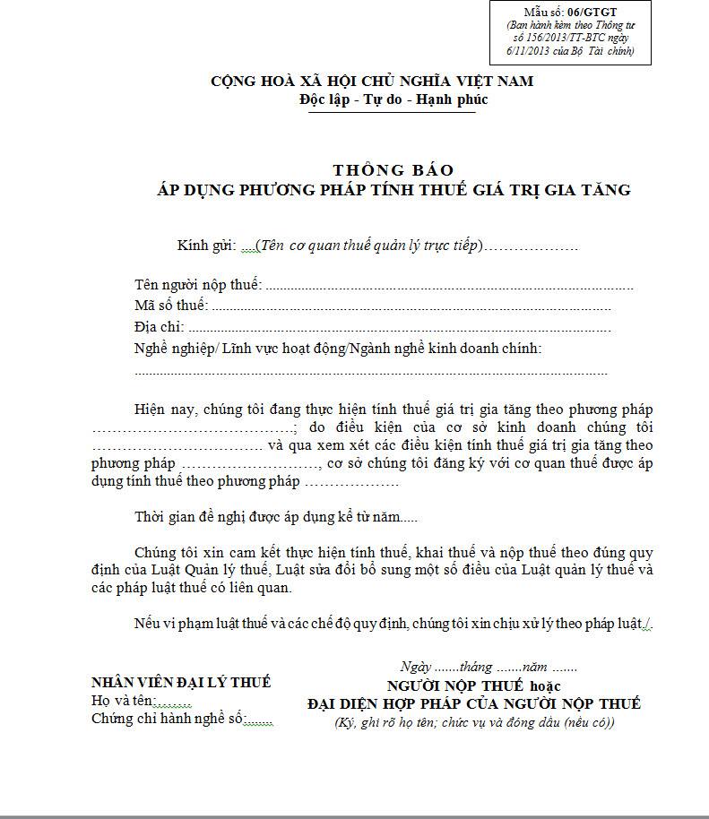 Mẫu 06/GTGT - Đăng ký phương pháp tính thuế GTGT