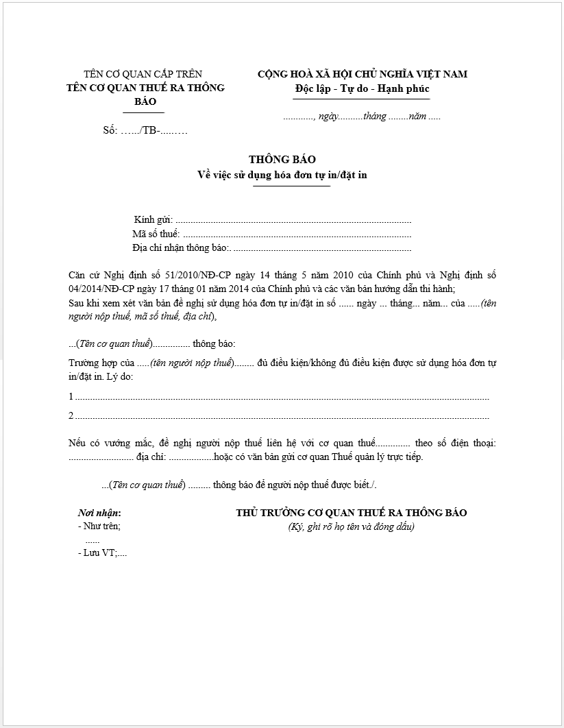 Mẫu 3.15 sử dụng hóa đơn tự in, đặt in