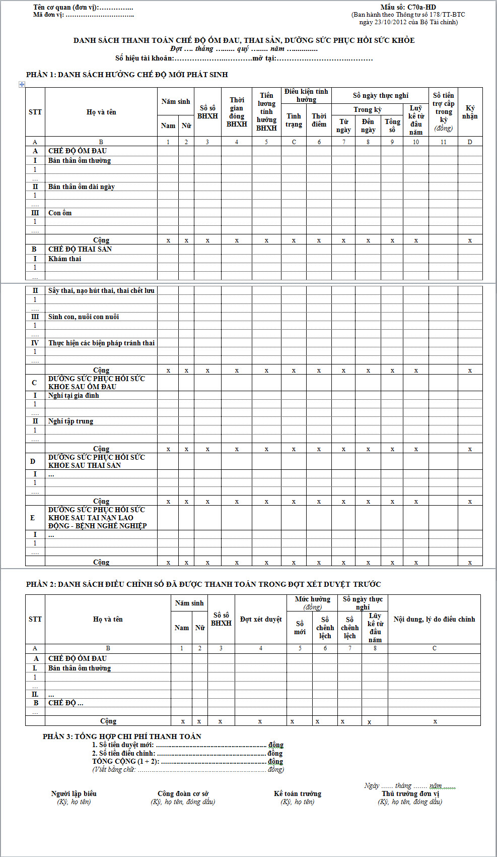Mẫu C70a-HD - Danh sách thanh toán chế độ ốm đau, thai sản