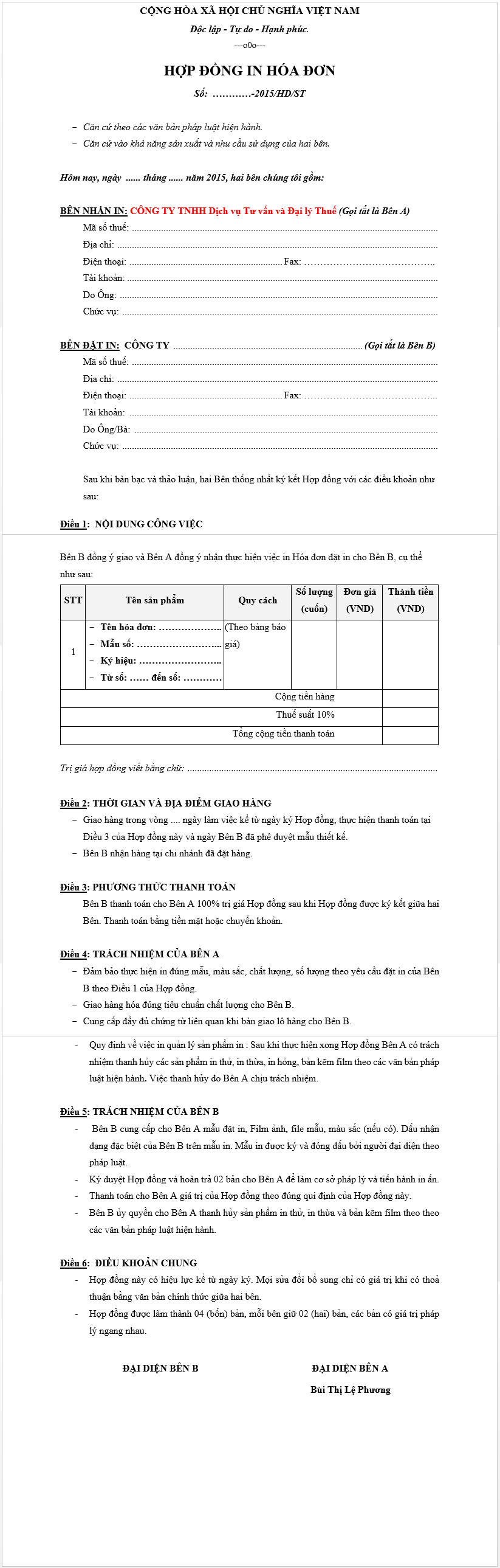 Mẫu Hợp đồng in hóa đơn