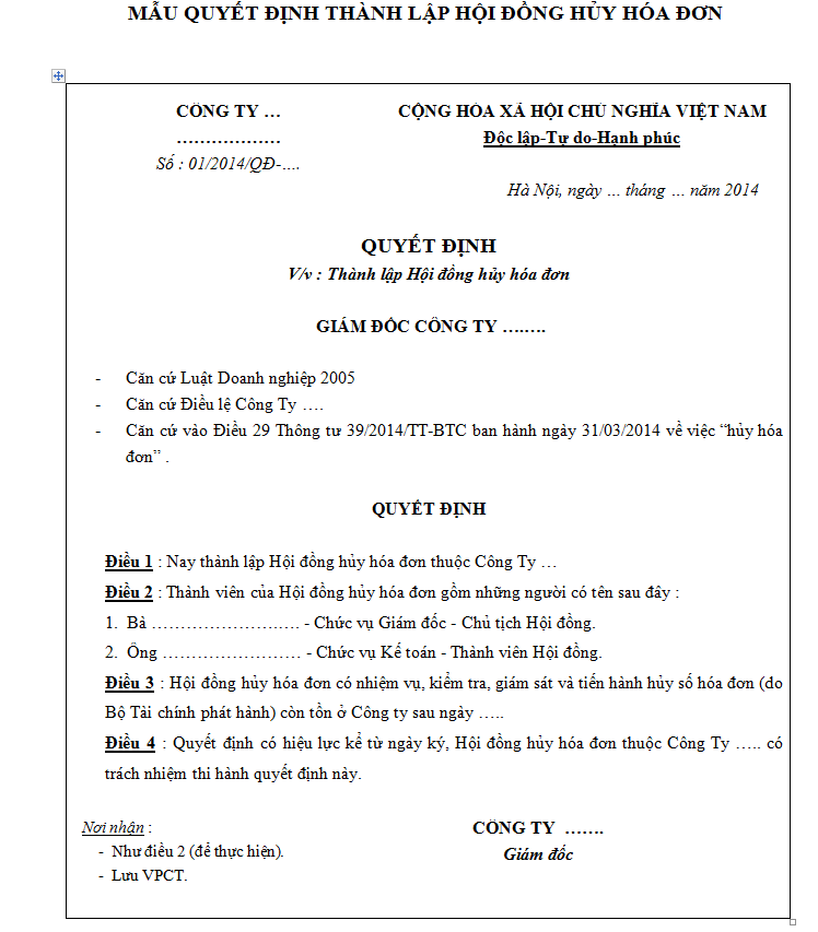 Mẫu quyết định thành lập hội đồng hủy hóa đơn