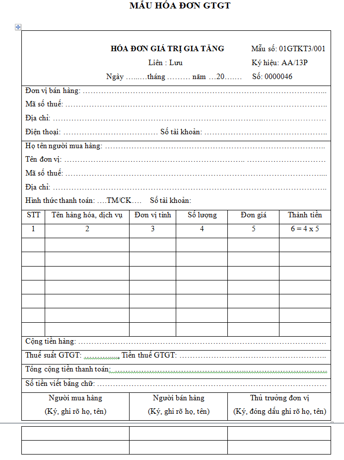 Mẫu hóa đơn GTGT