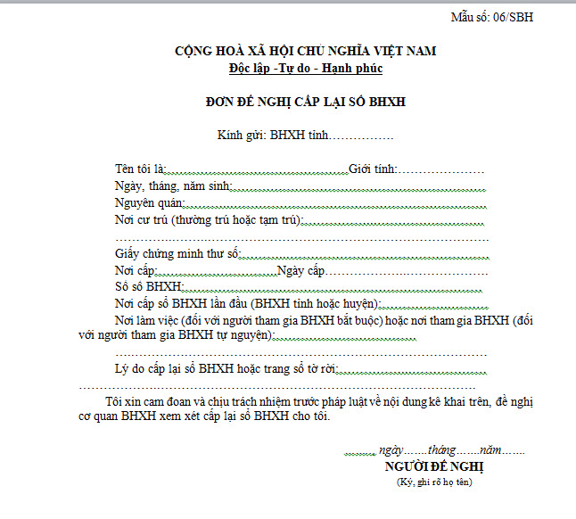 Mẫu đơn đề nghị cấp lại sổ bảo hiểm- Mẫu 06/SHB