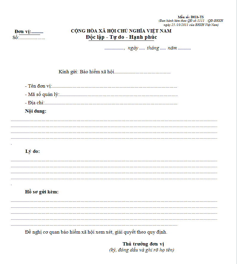 Đơn đề nghị Mẫu D01-TS theo Quyết định Số 1111/QĐ-BHXH