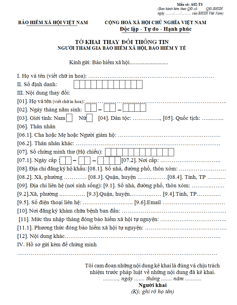 Mẫu A02-TS tờ khai thay đổi thông tin người tham gia Bảo hiểm y tế, Bảo hiểm xã hội