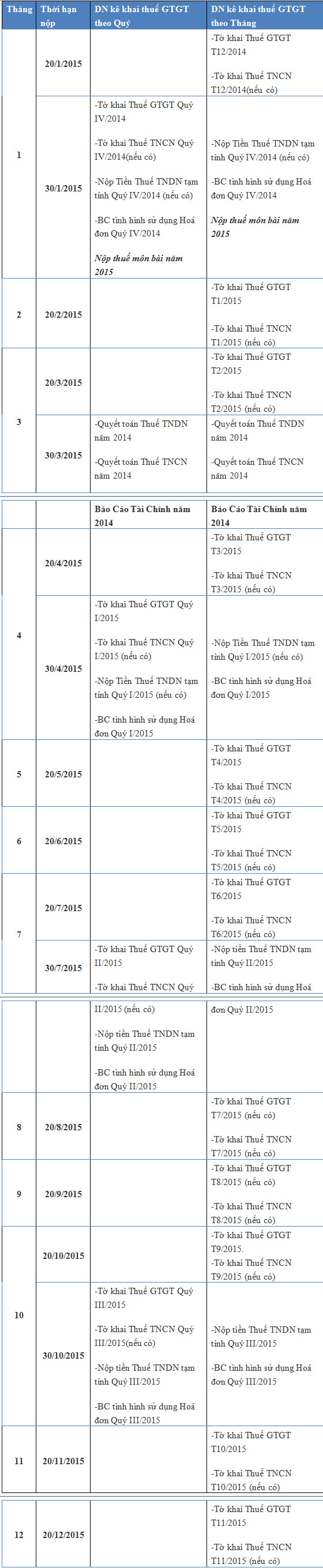 Thời hạn nộp các loại báo cáo thuế năm 2015 mới nhất - ảnh 1