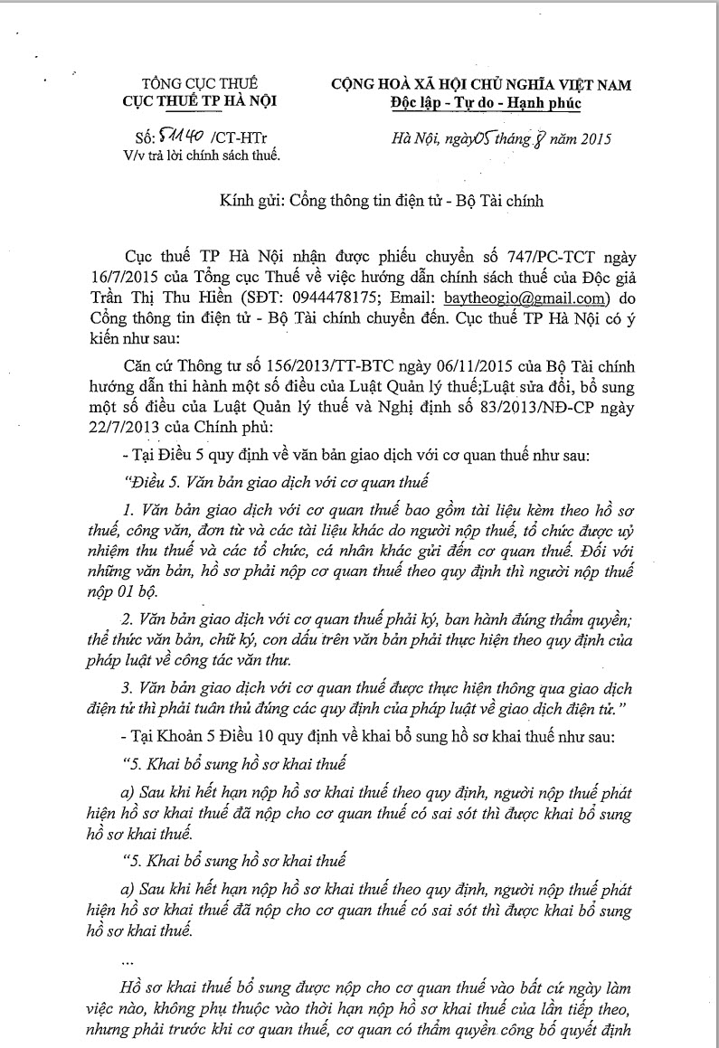 Công văn số 51140/CT-HTr - Trả lời chính sách Thuế - ảnh 1