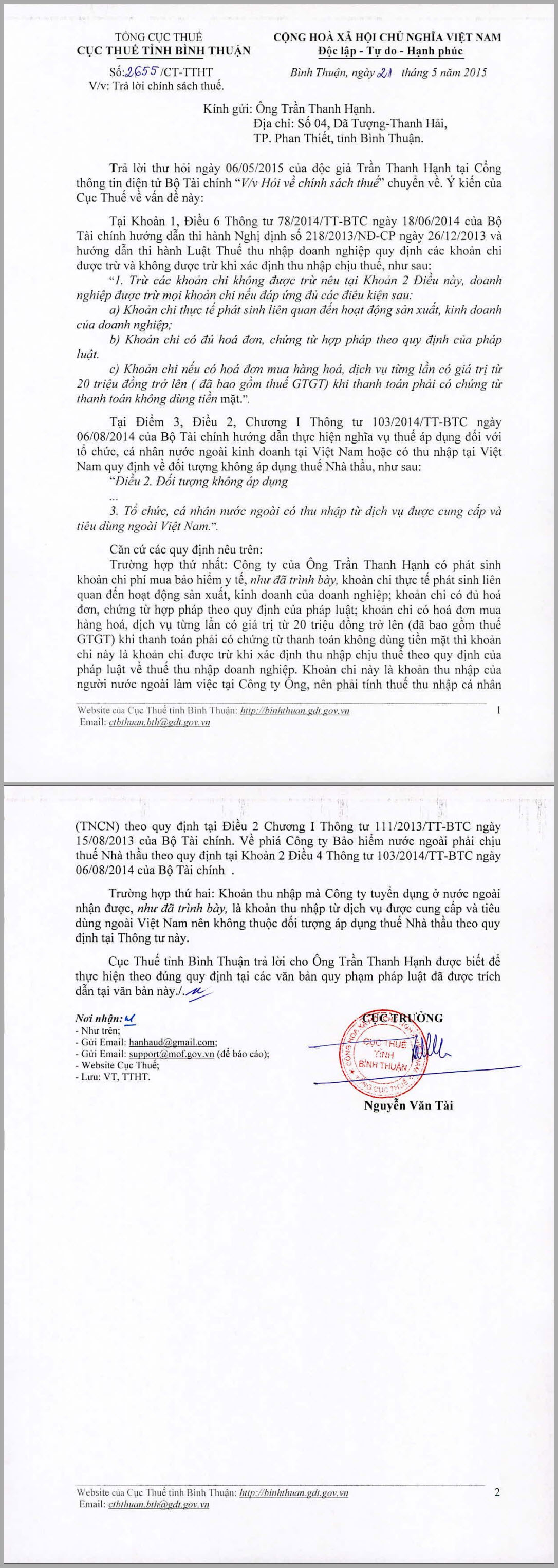 Công văn số 2655/CT-TTHT - Trả lời chính sách thuế