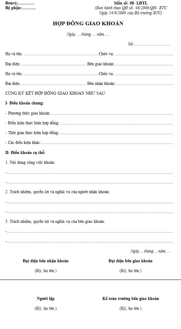 Mẫu hợp đồng giao khoán - Mẫu số: 08-LĐTL