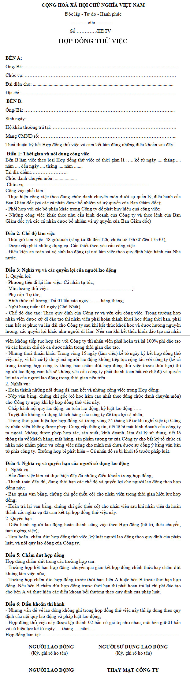 Mẫu hợp đồng thử việc