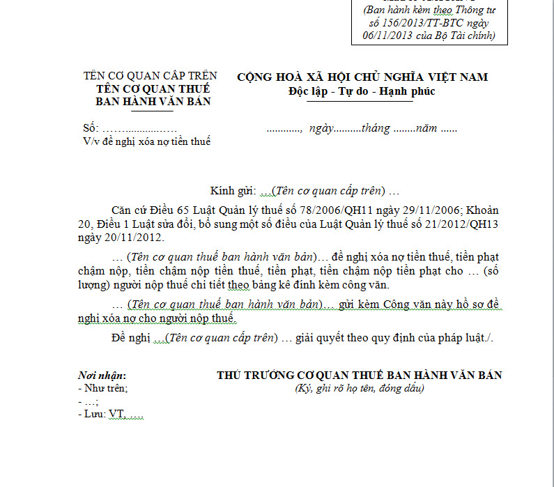 Mẫu 01/XOANO - Đề nghị xóa nợ tiền thuế