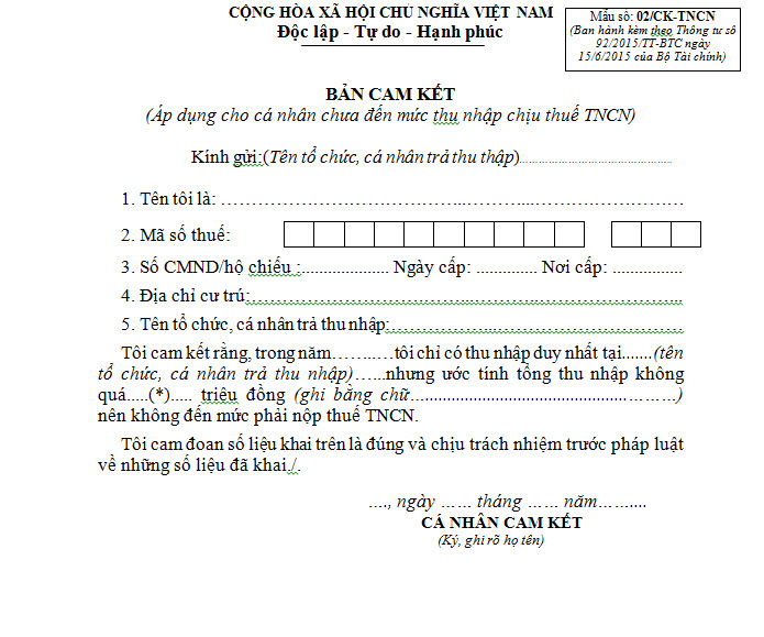 Mẫu số 02/CK - TNCN - Bản cam kết thu nhập mới nhất từ năm 2015