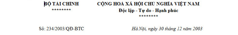 Quyết định số 234/2003/QĐ-BTC