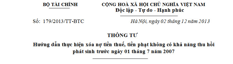 Thông tư 179/2013/TT-BTC - Hướng dẫn về việc xóa nợ thuế