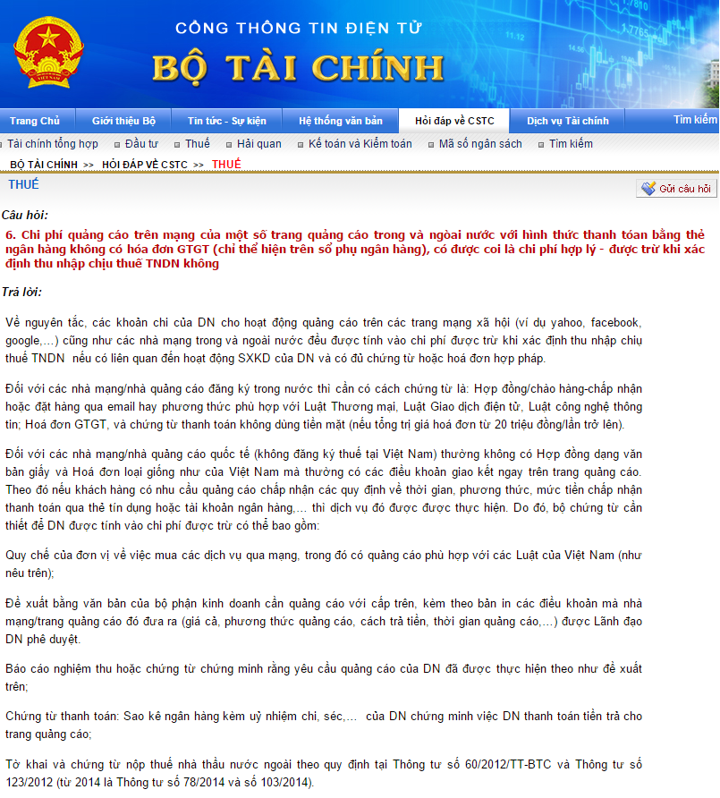 Xử lý chi phí quảng cáo với các mạng nước ngoài được tính vào phí phí được trừ