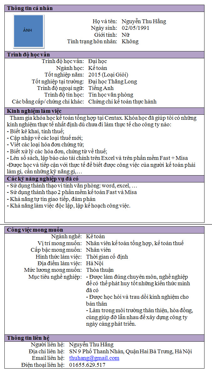 Mẫu CV xin việc - dành cho sinh viên mới ra trường