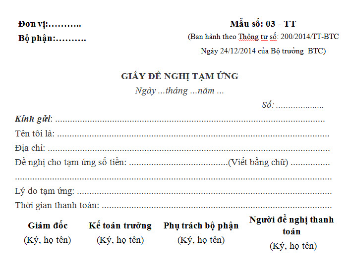Mẫu giấy đề nghị tạm ứng - Mẫu số: 03-TT