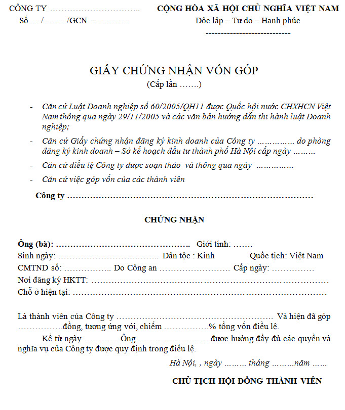 Mẫu giấy chứng nhận vốn góp
