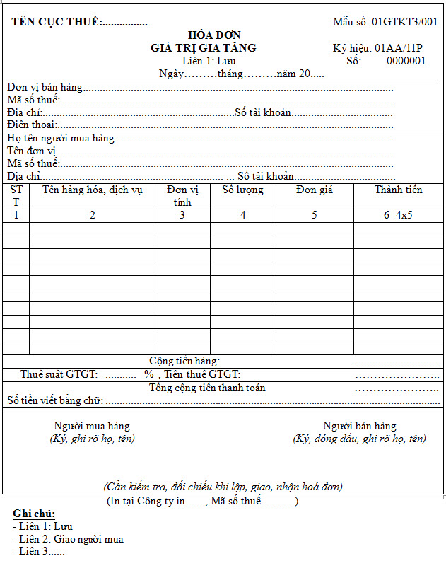 Mẫu hóa đơn giá trị gia tăng - Mẫu số 01GTKT3/001