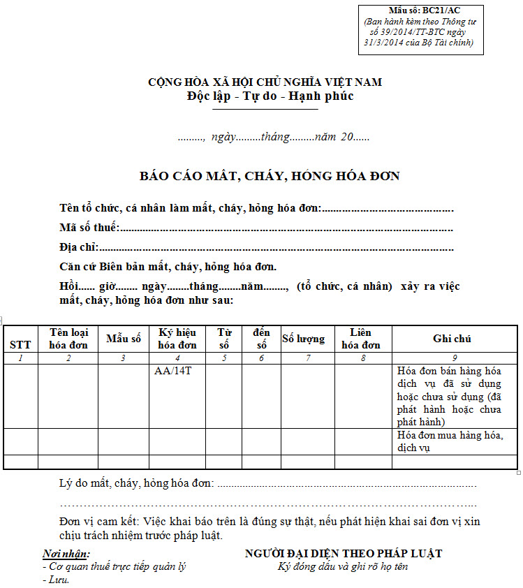 Mẫu báo cáo mất, cháy, hỏng hóa đơn GTGT - Mẫu số BC21/AC