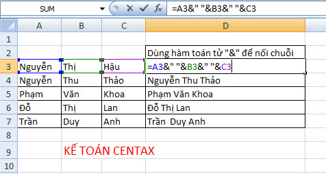 Cách dùng hàm nối chuỗi, hàm ghép chuỗi trong Excel 1