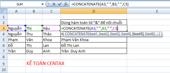Cách dùng hàm nối chuỗi, hàm ghép chuỗi trong Excel 2