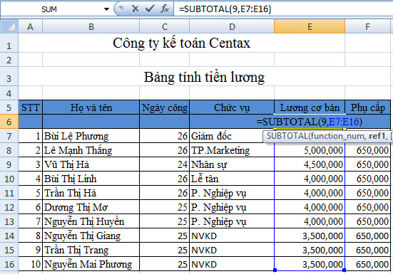 Cách sử dụng hàm SUBTOTAL trong kế toán Excel3