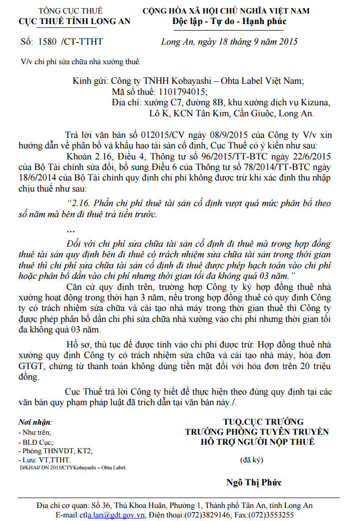 Công văn số 1580/CT - TTHT