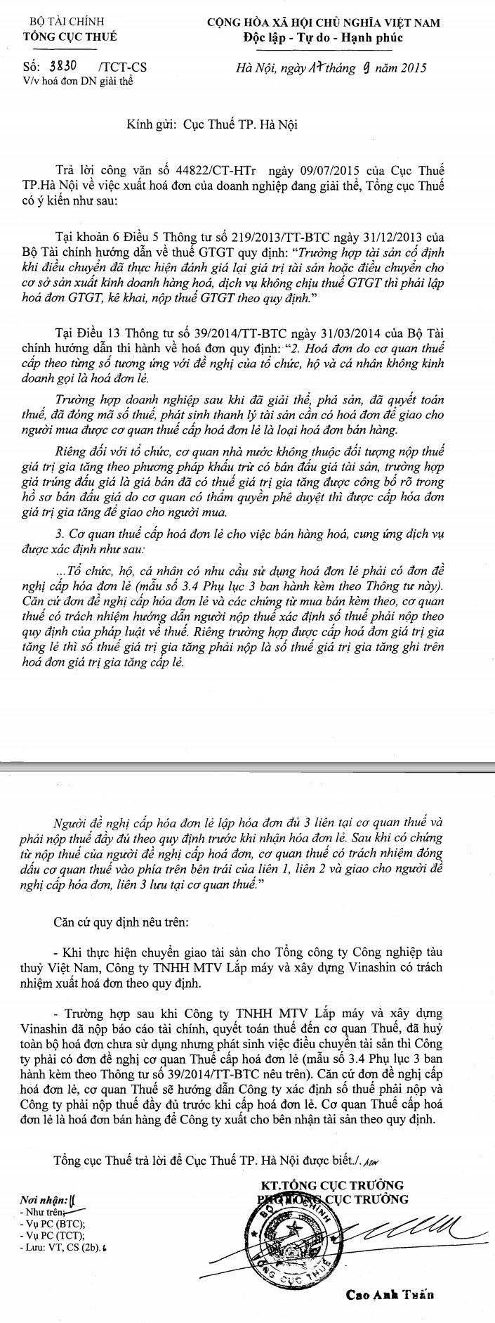 Công văn 3830/TCT-CS về hóa đơn doanh nghiệp giải thể - ảnh 1