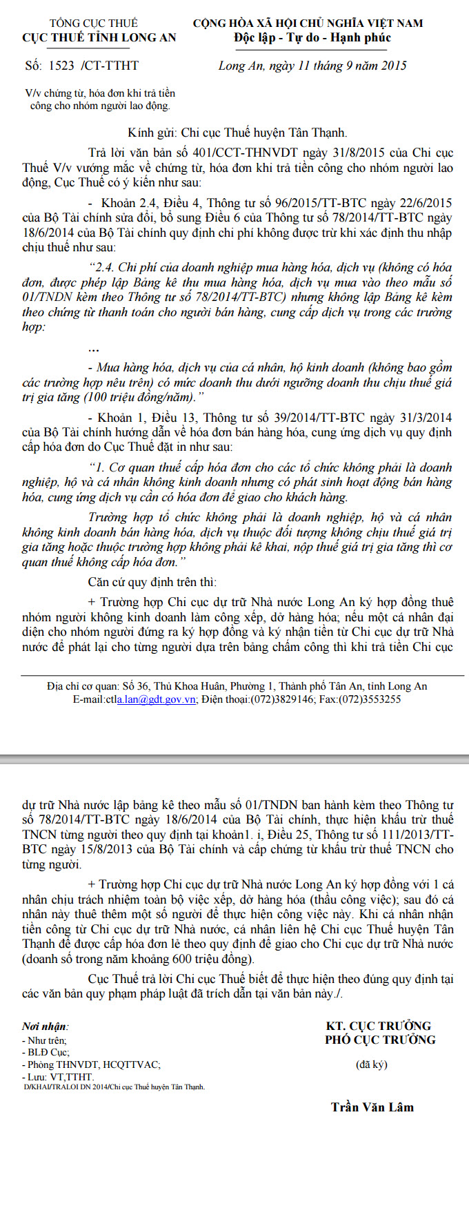 Công văn số 1523/CT-TTHT hướng dẫn về chứng từ, hóa đơn khi trả tiền công cho nhóm người lao động