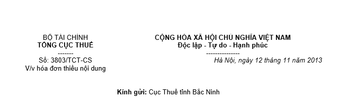Công văn số 3803/TCT-CS gửi Cục thuế Bắc Ninh về việc hóa đơn thiếu nội dung - ảnh 1