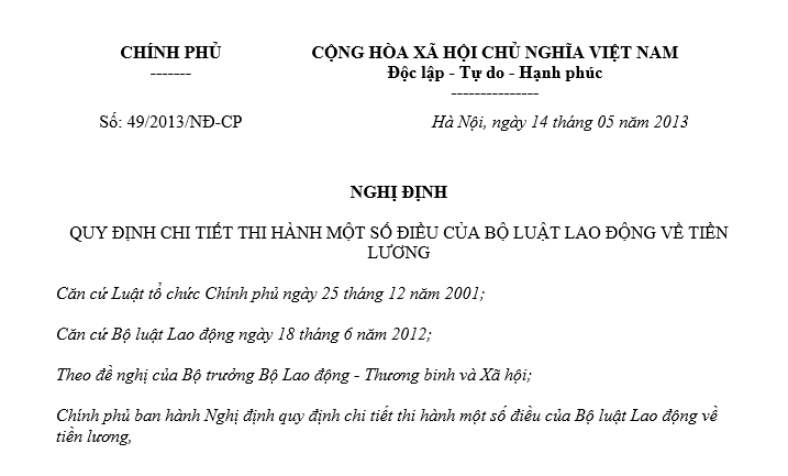 Nghị định số 49/2013/NĐ-CP quy định chi tiết thi hành một số điều của Bộ luật lao động về tiền lương - ảnh 1