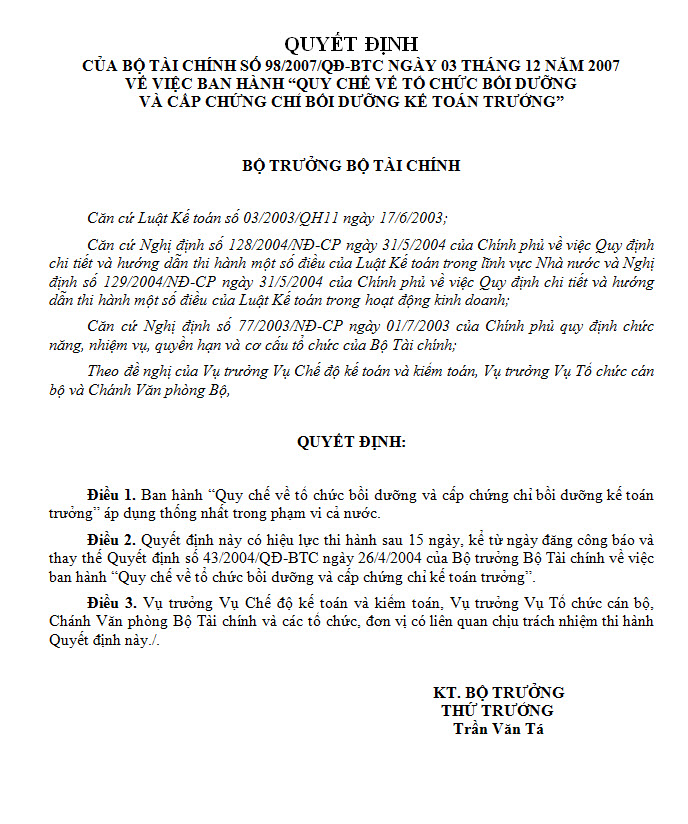 Quyết định 98/2007/QĐ-BTC về việc ban hành quy chế về tổ chức bồi dưỡng và cấp chứng chỉ bồi dưỡng kế toán trưởng - ảnh 1