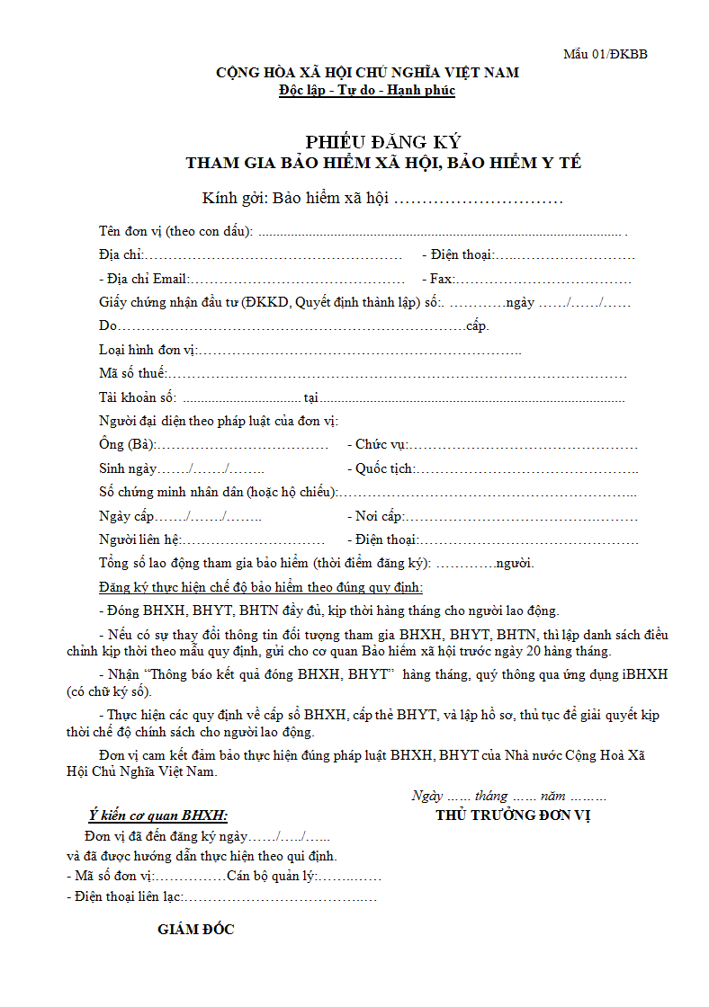 Phiếu đăng ký tham gia BHXH BHYT - Mẫu 01 dkbb